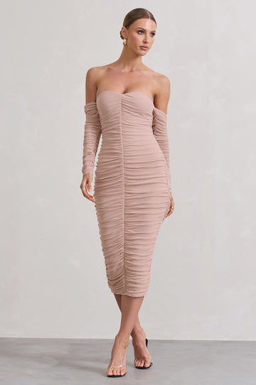 Indy Champagne Ruched Strapless Long-Sleeve Midi Dress